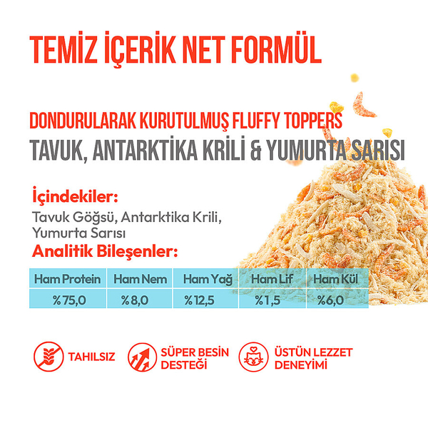 Wanpy Dondurularak Kurutulmuş Fluffy Toppers - Tavuk, Antarktika Krili ve Yumurta Sarısı - 30g