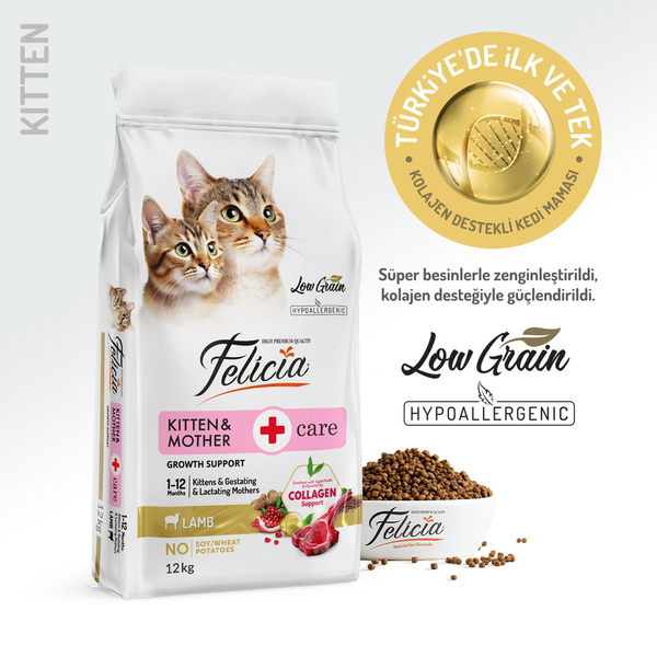 Felicia 12 Kg Kolajenli Kuzulu Az Tahıllı Yavru Kedi Maması HypoAllergenic Kedi Maması