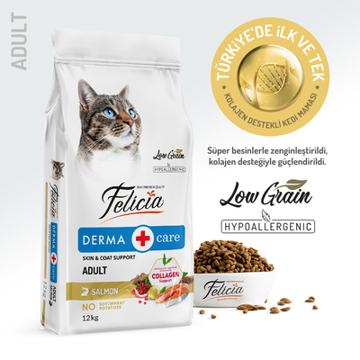 Felicia - Felicia 12 Kg Kolajenli Somonlu Az Tahıllı Yetişkin Kedi Maması HypoAllergenic Kedi Maması