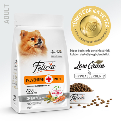 Felicia 3 Kg Kolajenli Somonlu Az Tahıllı Small/Mini Yetişkin Köpek Maması /Mini HypoAllergenic Köpek Maması - Thumbnail