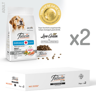 Felicia - Felicia 6 Kg (2x3 Kg) Kolajenli Somonlu Az Tahıllı M/Large Yetişkin Köpek Maması. Breed HypoAllergenic Köpek Maması