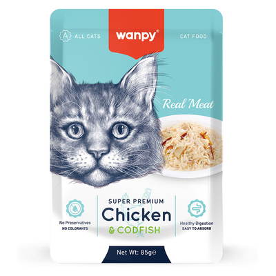 Wanpy - Wanpy 85 gr Pouch Tavuklu & Morina Balıklı Yaş Kedi Maması 12 Adet